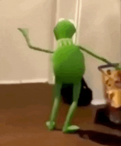 Meme gif. Dancing Kermit, 3D rendering of Kermit the frog dancing waving his arms and circling his hips, in an unsettlingly slow disconcertingly human fashion.