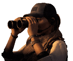 Sponsored sticker gif. Woman looks through a pair of binoculars before pulling them away from her face.