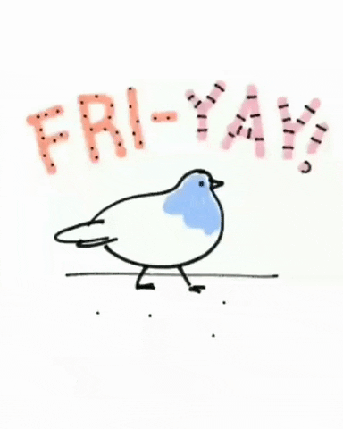 Illustrated gif. A pigeon taps their foot and head in unison with the dancing text that says, "Fri-yay!"
