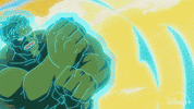 TV gif. A scene from the animated TV show "X-Men 97" shows the Hulk whipping through the air past a Sentinel in a blue vortex of energy. He homes in on a Sentinel in the distance and lands a powerful punch to its head, fully decapitating it and sending its head flying. 
