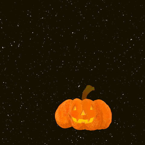 Illustrated gif. White ghost emerges from the mouth of a Jack-O-Lantern set against a starry sky background. The ghost puts on a blue face mask that reads "boo."