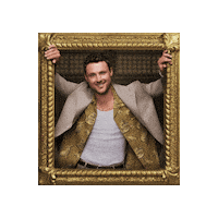 Sponsored sticker gif. Gold-framed portrait of Traitors cast member Dylan Efron tilts from side to side.