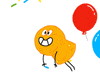 Illustrated gif. Cork with a grimacing smiley face glides in circles past a deflated balloon and bits of confetti after popping off a champagne bottle.