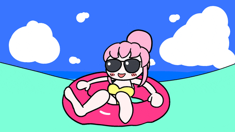 Kawaii gif. A woman with pink hair smiles as she lays in an inner tube floating in the ocean. The waves bounce her up and down. 