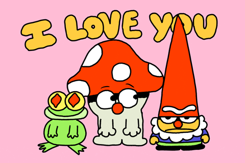 Illustrated gif. A little mushroom guy looks over at the frog and angry gnome that stands next to him. He sneakily wraps his arms around them and squeezes them. The frog looks unphased and the gnome looks unamused. Text, “I love you,”
