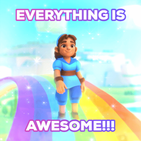 Video game gif. Carolina from Everdale walks on a rainbow road in the sky with a confident strut and a smile on her face. Text, “Everything is awesome!!!”
