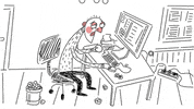 Illustrated gif. A tired man is working at his desk and he gets mad, spitting on his computer. But, plot twist! His computer spits back and turns his head pixelated.