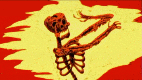 Cartoon gif. Skeleton, with an eye drooping from an eye socket, puts his hands up in defense as a continuous blast of fire scorches him.