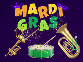 Video art gif. Yellow and purple confetti flies out of a tuba, trumpet, and a green drum against a purple background. Yellow and green letters, decorated with beads, a mask, and a jester hat, swing left and right and read "Mardi Gras."