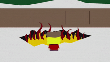 South Park gif. Pip stands at the rim of a fiery pit in the ground and raises his hands up as three shadowy demons with red eyes emerge from the depths of hell.