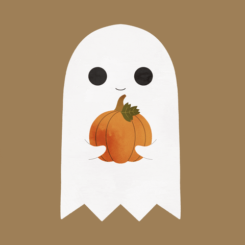 Digital art gif. Cute cartoon ghost with large eyes and a small smile holds a pumpkin, floating up and down.