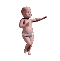 Sticker gif. Dancing 3D rendering of a baby in white diapers is doing the salsa.