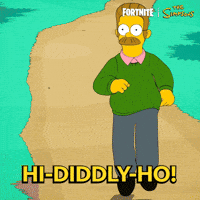 Sponsored gif. Ned Flanders from the Simpsons runs along a forest path, then stops and waves off screen. The Fornite and Simpsons logos are in the upper right corner. Text reads: "Hi-diddly-ho!"