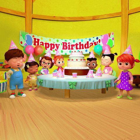 Cartoon gif. Cocomelon cast look at us and cheer, smile, and clap, wearing pink party hats, standing around a table with an enormous layered cake, in front of a "happy birthday" banner.