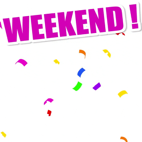 Cartoon gif. A bunny from the French cartoon Titounis jumps up and down in celebration. In flashing, capitalized text, the message reads, “weekend!”
