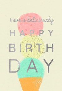 Illustrated gif. Ice cream cone with three scoops of ice cream changes rainbow colors. Text, “Have a deliciously happy birthday.”