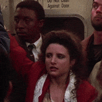 Seinfeld gif. We see scenes of Julia Louis-Dreyfus as Elaine labeled with days of the week. Monday, Elaine looks exasperated on the subway. Tuesday, Elaine pulls her face down in dread. Wednesday, Elaine stands in the rain and says, “dammit.” Thursday, Elaine wiggles her pencil, making it look like rubber. Friday, a celebrating Elaine dances awkwardly.