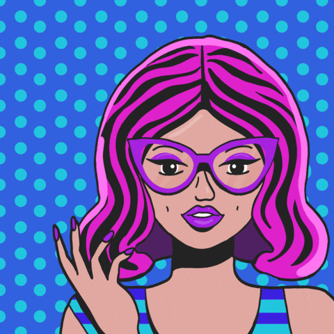 Digital art gif. Woman with lilac-colored hair and purple cat-eye glasses winks at us against a blue polka dot background. A speech bubble emerges above her with the text, “Getting paid to leave work and vote is sticking it to the man twice.”