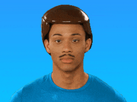 Video gif. A man wearing the hair of an emoji and a blue shirt imitates the rolling eye emoji as he sighs and rolls his eyes.