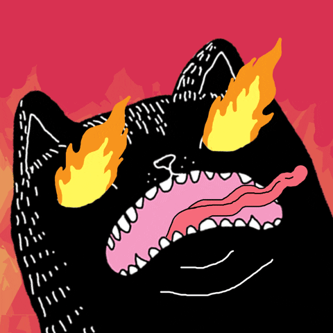 Cartoon gif. A cartoon black cat shoots blazing flames from its eyes with its mouth open and its tongue protruding. The image pulses.