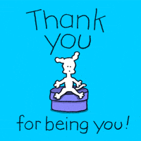 Cartoon gif. Chippy the Dog claps its front paws as it sits on top of a blue cylinder. Text, "Thank you for being you!"