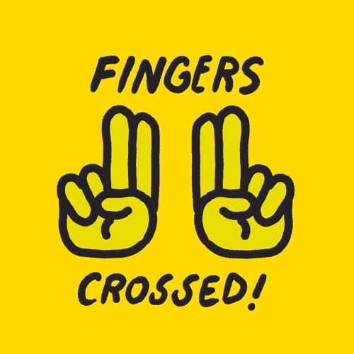 Digital art gif. Line drawing animation of two hands holding up two fingers each. The fingers of each hand cross and stretch to the point where they are coiling around each other. Text, "Fingers crossed!"