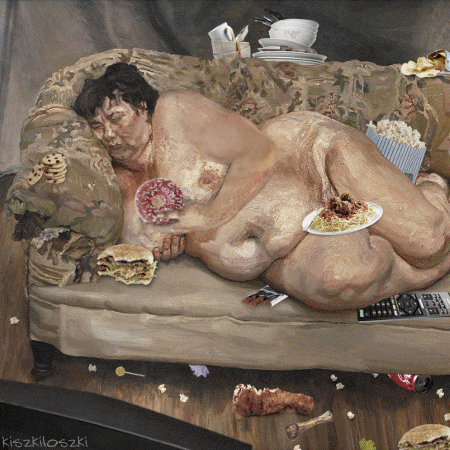 Illustrated gif. Overweight woman painted like a museum worthy oil painting, lounges on a coach naked. Food and dirty dishes are scattered on the couch, her body, and the floor. In one hand, she holds a pink sprinkle donut and takes a bite from it. In the other, she holds her large breast. The woman watches tv with one eye open. On the tv are miserable but smaller weighted women exercising.