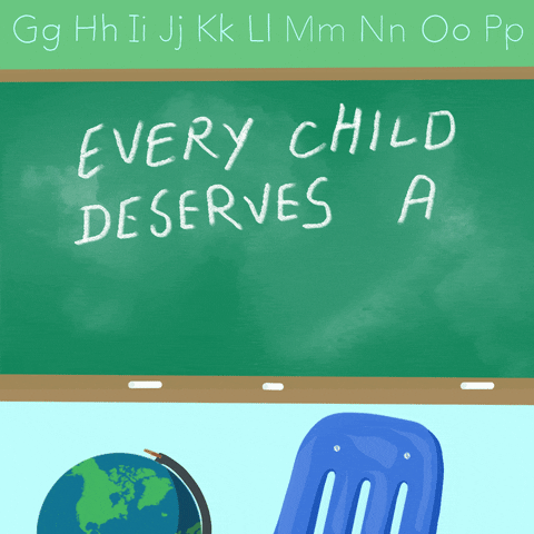 Digital art gif. On a green cartoon chalkboard in a classroom, the phrase, "Every child deserves a well paid teacher" appear as if they're being written by an invisible piece of chalk.