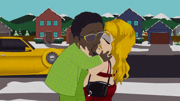 South Park gif. Keshawn frantically kisses an undercover blonde hooker in a snowy street, as they say in between kisses, "I love you so much," "Babe, I love you too," "So much, baby." Keshawn keeps smothering them with kisses, and the hooker says, "Let's--let's be happy, okay?" Keshawn grabs their face desperately and looks at them passionately, saying, "Promise, babe, promise" before kissing them more.
