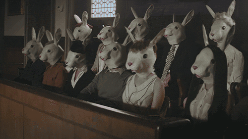 Music video gif. A scene from one of Capital Cities' music videos with a jury dressed in realistic bunny costumes. They all throw a big thumbs down in unison. 