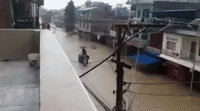 Passenger Rides Elephant Through Flooded Nepal Street