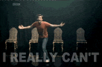 Video gif. Young man frantically swats away scattered text reading, "Feels." Four antiquated chairs stand perfectly spaced apart behind him, and faint text at the bottom reads, "I really can't."