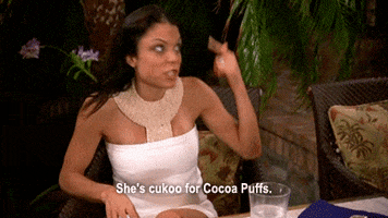 Reality TV gif. Bethenny Frankel on the Real Housewives of New York points to her head with wide eyes as she speaks emphatically, saying, "She's cuckoo for Cocoa Puffs."