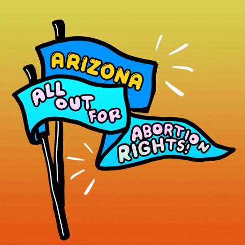 Digital art gif. Two pennants wiggle slightly against an orange and yellow background. The first pennant says, “Arizona.” The second says, “All out for abortion rights!”