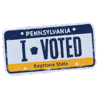 Digital art gif. Blue, white, and yellow Pennsylvania license plate rocks over a transparent background reads, “Pennsylvania. I voted. Keystone State.”