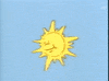 Video gif. Cartoony smiling sun shines in the blue sky, then the frame cuts to live-action woman wearing a head covering pointing up and saying "look, the sun," which appears as text.