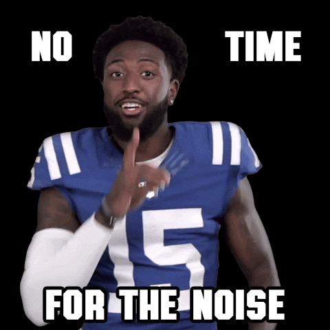 Sports gif. Duke University running back Nakeie Montgomery shushes us with smiling eyes, finger to his lips, left hand flapping in a lower-the-volume gesture. Text, "No time for noise."