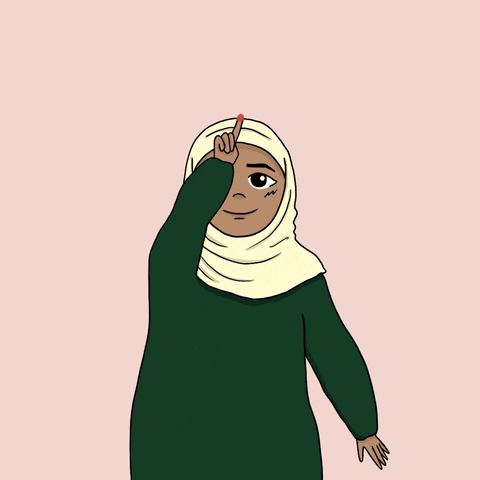 Illustrated gif. Woman wearing a green dress and a cream-colored hijab uses her finger to draw the outline of a red heart in front of her; when she completes the shape she touches her hands to her face and tiny hearts float out from the side.