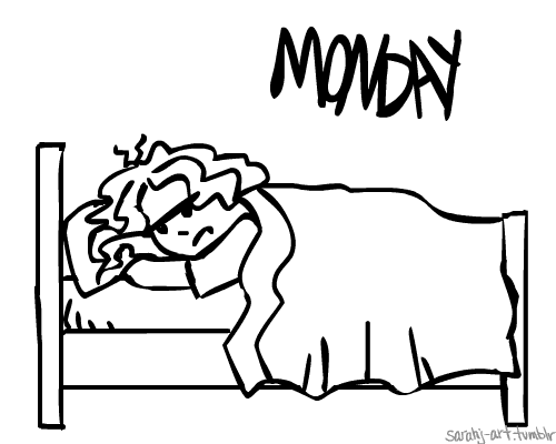 Cartoon gif. A grumpy woman lays in bed as the word "Monday" bounces up and down on her, disturbing her rest.