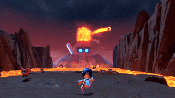 Video game gif. A clip of gameplay from the trailer for Playstation video game "Astro Bot" shows Astrobot, a small white robot with an LED screen face, running toward an exploding volcano as small red crabs flee in the opposite direction. The scene features a volcanic setting with black rock surfaces and a sea of red hot magma in the background.  