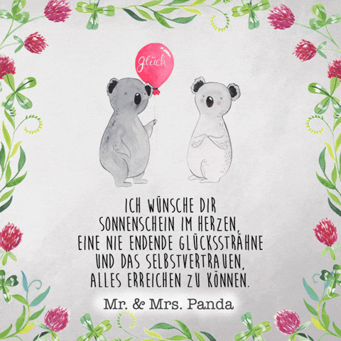 Illustrated gif. Two koalas are surrounded by a frame of swaying vines with pink flowers as one holds a pink balloon that reads, "Glück." Text, "Ich wünsch dir sonnenschein im herzen, eine nie endende glückssrāhne, und das selbstvertrauen, alles erreichen zu können. Mr. & Mrs. Panda."