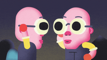 Digital art gif. Two twins with glasses and a bald head wearing overalls look excited as they high five.
