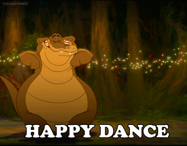 Movie gif. Louis the alligator from Princess and the Frog dances across the screen, hundreds of tiny fireflies dancing with him. Text, "Happy dance"
