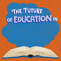Digital art gif. Blue cloud hovers over an open book against an orange background. Text, “El futuro de la educacion en Arizona esta en la papeleta.”