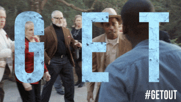 Movie gif. An ad for Get Out, by Jordan Peele. Screencaps of the fight scene from the movie are shown, with people attacking one another.