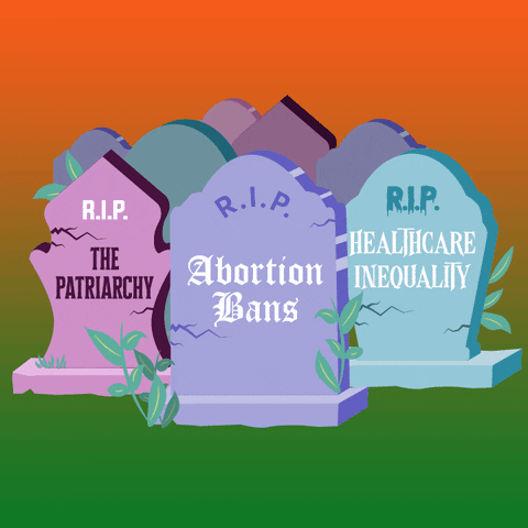 Digital art gif. Graveyard of twinkling tombstones huddled together on a green and orange gradient. Text, "RIP the patriarchy, RIP abortion bans, RIP healthcare inequality."