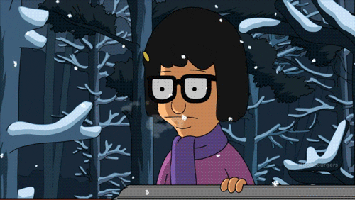 Cartoon gif. Tina from Bob's Burgers is standing in snowfall and she looks dazed as she leans forward and blows cold air out of her nose.