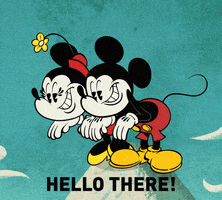 Disney gif. Animated Minnie and Mickey Mouse stand atop a mountain and hop in place as they call out a cheerful greeting. Text, "Hello there!"