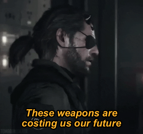 Video game gif. Metal Gear's Kazuhira Miller, wearing an eye patch and with a large gash on his forehead, turns to us and says, "These weapons are costing us our future."