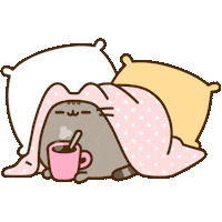 Sticker gif. Pusheen cat rests contentedly against two pillows under a pink blanket holding a steaming cup of coffee over a transparent background.